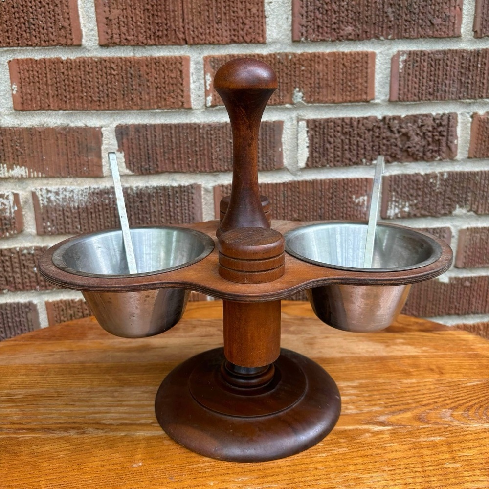 Mid Century Margaret Studios Wood Condiment Server With Salt & Pepper Shaker set
